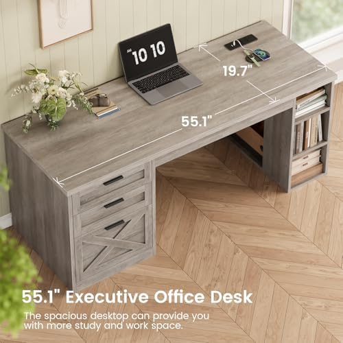 SEDETA 55.1" Farmhouse Office Desk with 3 Drawers for Home Office,Grey - Image 6