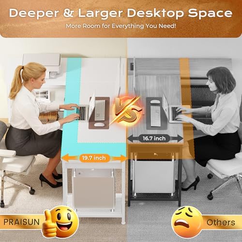 PRAISUN 63 Inch L Shaped Office Desk with Power Outlets and Type-C Port, Large Computer Gaming Desk with 3 Fabric Drawers, Mesh Shelves, Corner Study Work Writing Desk, White - Image 6