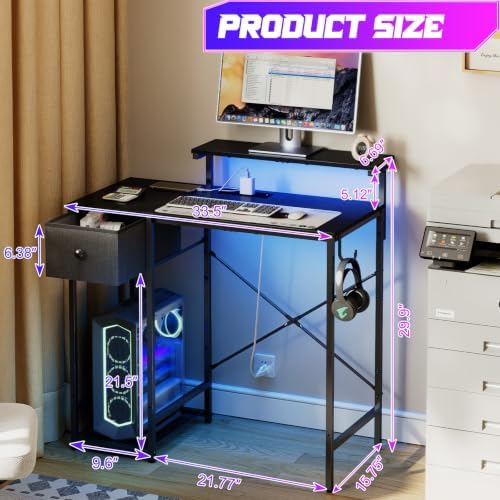 X-cosrack 33.5" Small Gaming Desk with LED Lights & Power Outlets, Drawers - Image 3