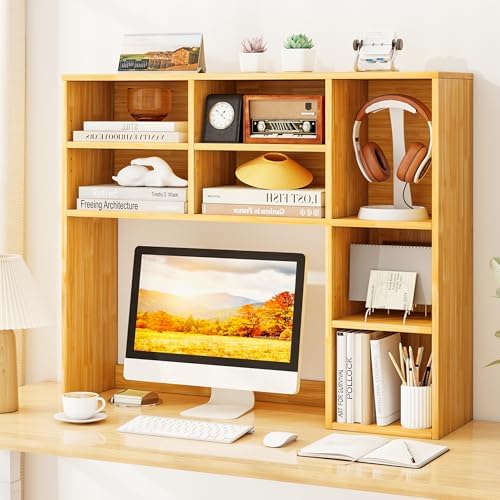 Tangkula Desktop Bookshelf, 37" Countertop Storage Hutch with 7 Cubes & 3 Adjustable Shelves, 3-Tier Desk Display Rack Organizer, Multipurpose Wood Desktop Hutch for Dorm Home Office (Burlywood) - Image 2