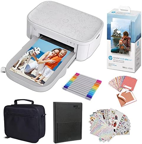 HP Sprocket Studio Plus 4x6 Wireless Instant Photo Printer, Wi-Fi, Premium Dye Sublimation, Prints Vibrant Color Pictures– Bundle: Photo Album, Markers, Photo Paper, and Stickers. by HP