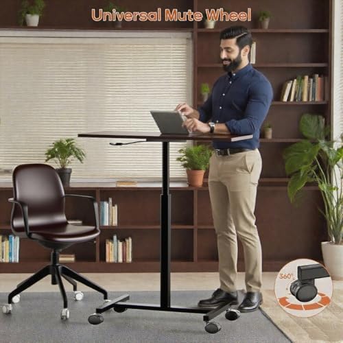 Mobile Small Standing Desk,Gas Spring Adjustable Height Rolling Portable Laptop Desk with Lockable Wheels, Computer Workstation for Home Office, Dark Walnut - Image 3