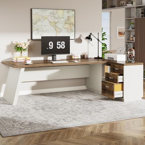 Tribesigns 78" L-Shaped Executive Desk, Large Modern Office Desk with Drawers and Lateral File Cabinet, Business Furniture with Storage Shelves, Big Computer Desk for Home Office (Brown + White) - Image 6