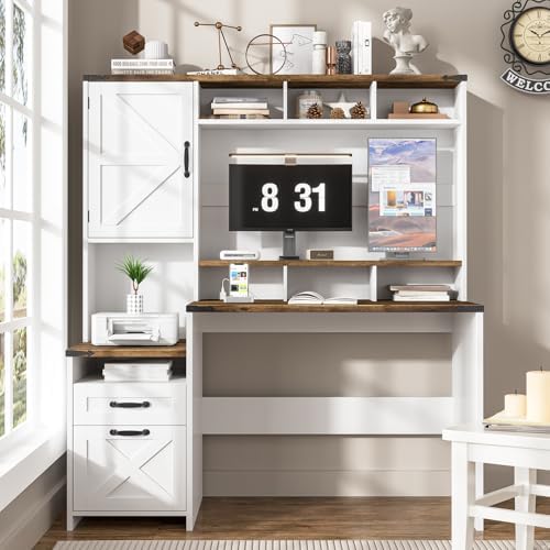 Vabches 51" Executive Desk Farmhouse Home Office Desk with Charging Station, LED Light, File Drawer, Storage Cabinet, Monitor Stand, Wood Computer Desk with Hutch for Work Study Writing (White) - Image 7