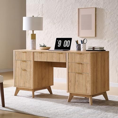 T4TREAM 60" Modern Fluted Executive Desk with Drawers, Natural Oak by T4TREAMFurniture