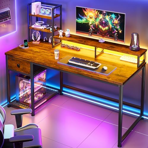 EnHomee 44" Small Computer Desk with Hutch & Shelves for Teen Gamer,Brown - Image 2