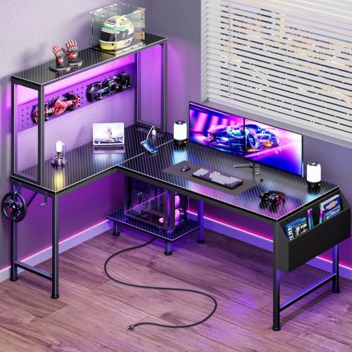 PRAISUN L Shaped Gaming Desk with LED Lights & Power Outlets by PRAISUN