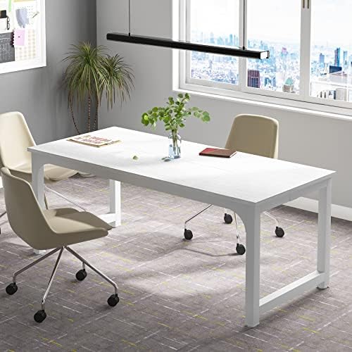 Tribesigns Modern Computer Desk, 70.8 x 31.5 inch Large Office Desk Computer Table Study Writing Desk Workstation for Home Office, White Metal Frame - Image 2
