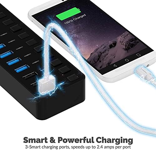 SABRENT 10-Port Powered USB 3.0 Hub, 3 Charging Ports, 60W (HB-B7C3) - Image 4