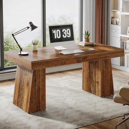 Tribesigns 55 Inches Executive Desk, Mid-Century Modern Home Office Desk, Wood Computer Table Business Workstation Small Conference Table, Distressed Brown - Image 3