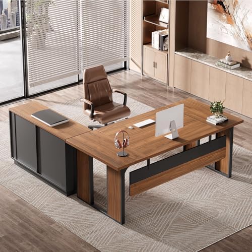 Tribesigns 63‘’ L-Shaped Executive Desk, Office Table with 47-Inch Drawers Cabinet, Large Computer Desk with Storage Shelves, Business Furniture Set for Home Office, Brown by Tribesigns