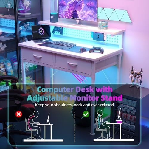 MUTUN Small Desk with Drawers, 31 Inch Computer Desk with Power Outlet & LED Light, Gaming Desk with Adjustable Monitor Stand & Pegboard, Modern PC Study Writing Table for Bedroom, White - Image 4