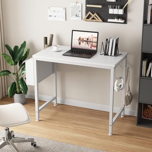 Lufeiya Small White Desk for Small Spaces, 32 Inch Kids Girls Study Writing Desks for Bedroom, Simple Modern Laptop PC Little Side Table with Storage Bag Headphone Hook, White - Image 2