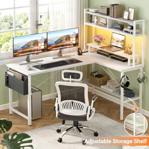Aheaplus L Shaped Gaming Desk with Power Outlets & LED Lights, White - Image 6