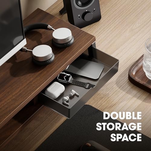 Fenge Dual Monitor Stand Riser, 42.5in Desk Shelf with 2 Drawers, Brown - Image 5