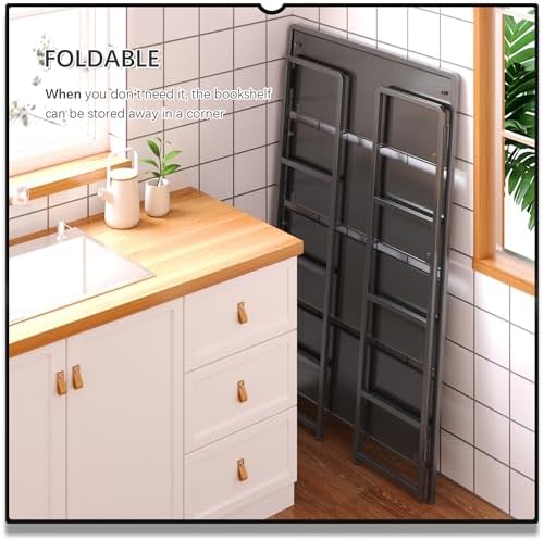 4NM No Assembly Extra Wide 4 Tier Folding Bookshelf Storage Shelves Vintage Bookcase Standing Racks Study Organizer Home Office - Image 4