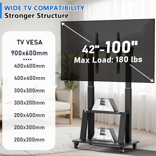 Rolling TV Stand on Wheels for 42 to 100 inch TV - Image 2