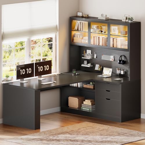 SEDETA L Shaped Corner Gaming Desk with 3 Wood Drawer and Large Bookshelf - Image 4