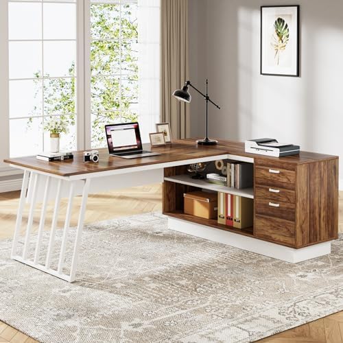 Tribesigns 71-Inch Executive Desk, L-Shaped Desk with Cabinet, Large Office Desk with Drawers and Storage Shelves, Writing Table Computer Desk for Home Office, Brown and White - Image 3