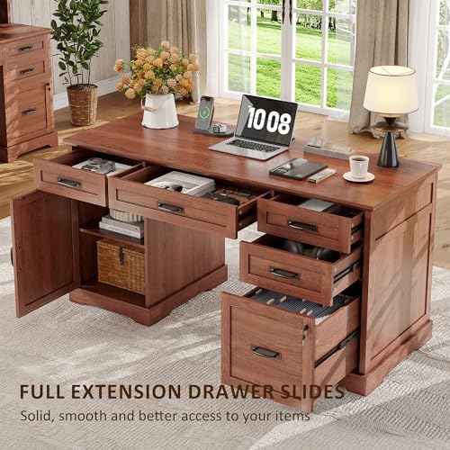 Whalefall 55'' Farmhouse Desk Home Office with Drawers, Brown - Image 5