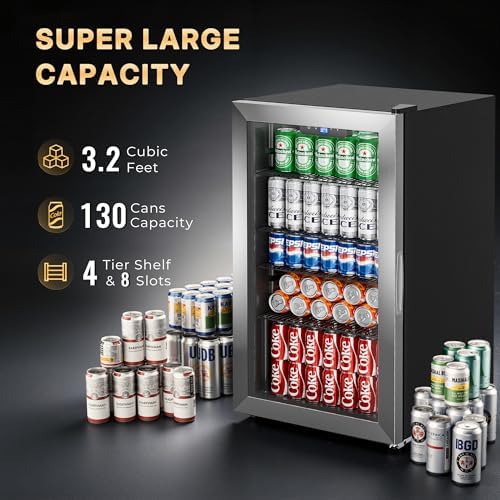 130 Can Beverage Refrigerator, 3.2 Cu.ft Mini Fridge, Glass Door, Silver - Image 3