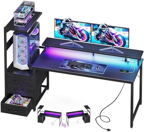 Casaottima 59 Inch Gaming Desk with USB Charging Ports & LED Light - Reversible Computer Desk with 3 Fabric Drawers, Monitor Stand, CPU Stand, Modern Office Desk, Pure Black by Casaottima
