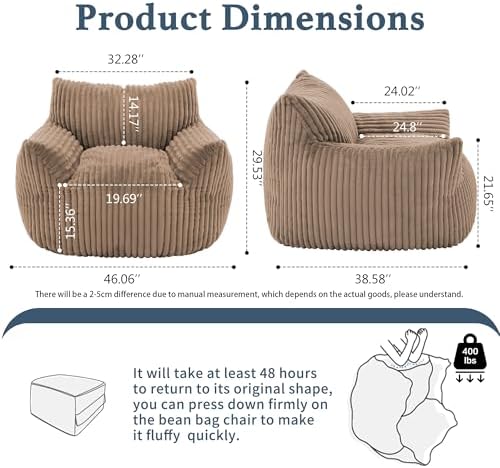 Giant Plush Bean Bag Chair for Adults with Armrests - Oversized Comfy Khaki Beanbag Lounge Lazy Floor Sofa Chair for Living Room, Bedroom & Dorm, Cozy Fluffy Single Cloud Mini Couch - Image 2