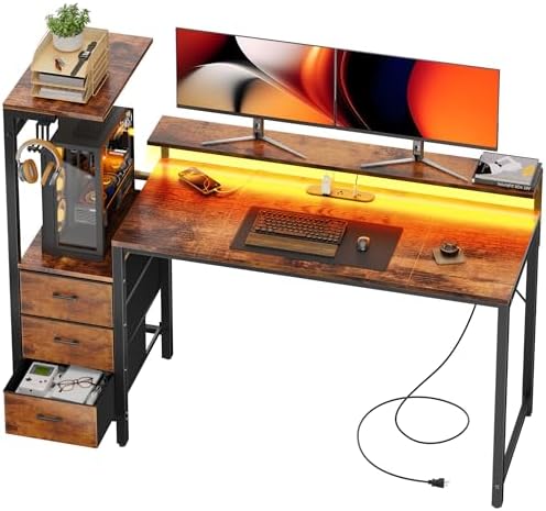 HLDIRECT 60 Inch Gaming Desk with Power Outlets & LED Lights, Rustic Brown by HLDIRECT