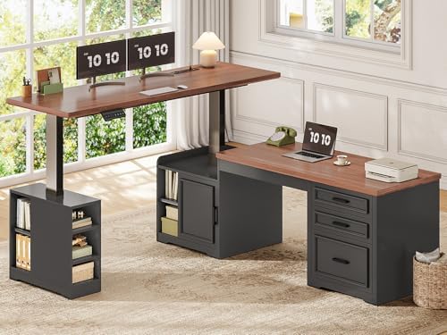 SEDETA Farmhouse L Shaped Electric Standing Desk, 63" x 67" Height Adjustable Office Executive Desk with Drawers and Shelves, Standing Computer Desks with Power Outlet for Home Office, Black+Brown by SEDETA