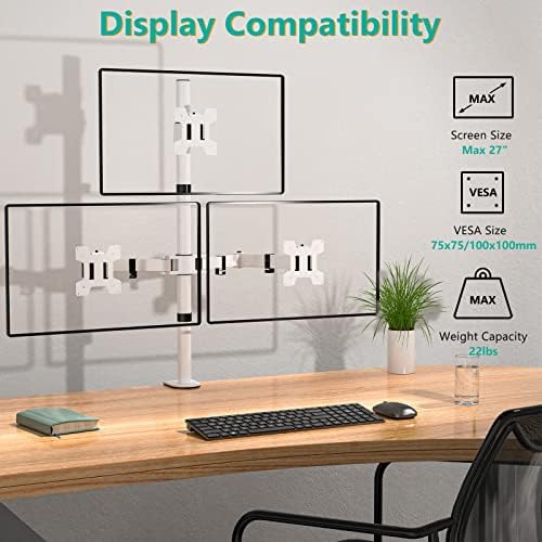 WALI Tall Triple Monitor Stand, Fully Adjustable Three Monitor Desk Mount Fits 3 Screens up to 27 inch, 22 lbs. Weight Capacity per Arm (M003-W), White - Image 2