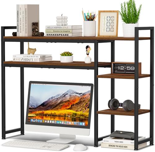 Snughome Adjustable Desk Shelf with Monitor Stand, 38.6" Desktop Organizer Hutch, Height Adjustable Computer Monitor Riser & 4 Tier Storage Bookshelf for Home Office Dorm by Snughome