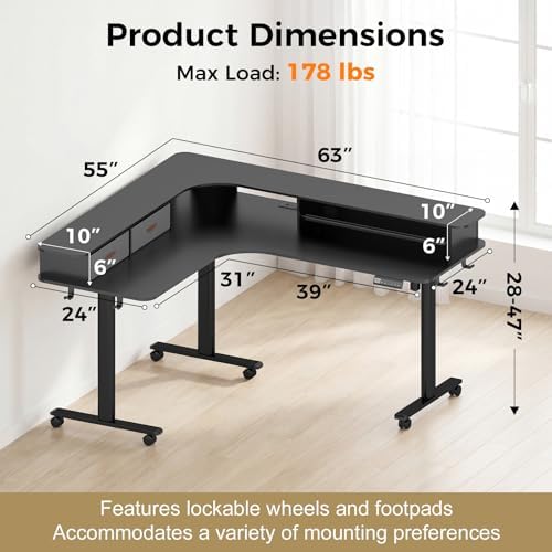 2-Tier L Shaped Electric Standing Desk with Drawers, 63 x 55 Height Adjustable Desk with Memory Controller, Storage, Ergonomic Corner Desk Sit Stand up Computer Table for Home Office, Black - Image 3