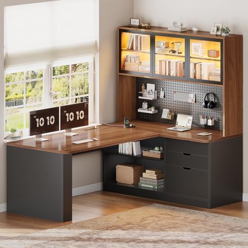 SEDETA L Shaped Computer Office Desk with 3 Wood Drawer and Large Bookshelf by SEDETA
