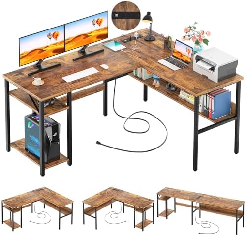 Unikito L Shaped Computer Desk with Magic Power Outlets and USB Charging Port, Sturdy Reversible Corner Desk with Storage Shelves, Modern Work Desk for Home Office, Easy to Assemble, Rustic Brown by Unikito