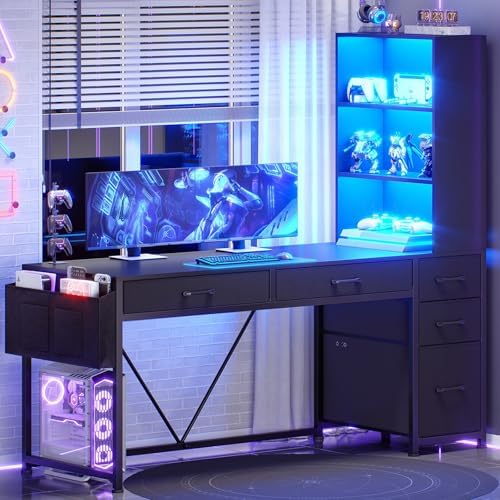 SEDETA Computer Gaming Desk with 5 Drawers and Bookshelf, Reversible Home Office Desk with Storage Shelves and File Drawer, Corner Desk with LED Lights for Small Spaces, Black by SEDETA