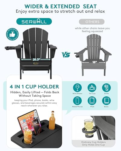 SERWALL Folding Adirondack Chair, 4 in 1 Cup Holder Patio Chair - Black - Image 5