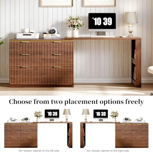 Ieejdn Computer Desk with 6 Drawers, 78" Modern Writing Desk with 0.98" Thickened Desktop & Storage Shelves, Adjustable direction & Extendable Executive Office Desk Study Table for Home Office, Walnut - Image 6