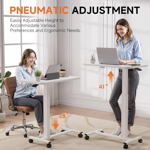 GTPLAYER Small Standing Desk with Lockable Wheels, Pneumatic Mobile Rolling Laptop Desk,Adjustable Height Overbed Bedside Table Computer Workstation for Home Office (28" W x 16" D, Matte White) - Image 4