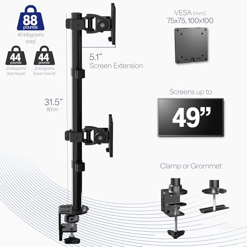 VIVO Dual Vertically Stacked Ultra-Wide Monitor Desk Mount for up to 49 inch Ultrawide Screens, Extra Tall Heavy Duty Adjustable Stand Holds 44 lbs Per Screen, Black, STAND-V202R - Image 3