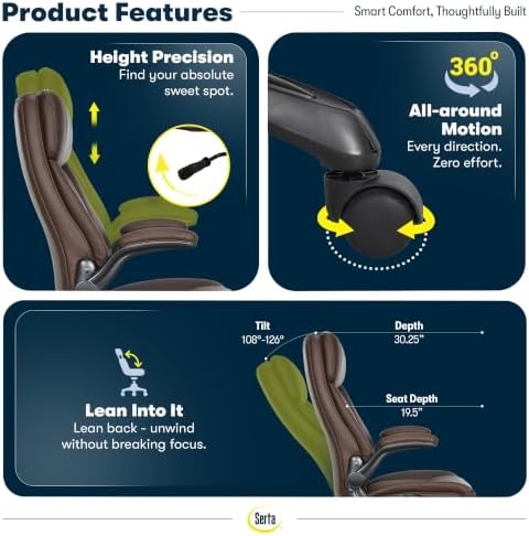 Serta Big and Tall Office Chair with Lumbar Support, Flip Arm Leather Chair - Image 5