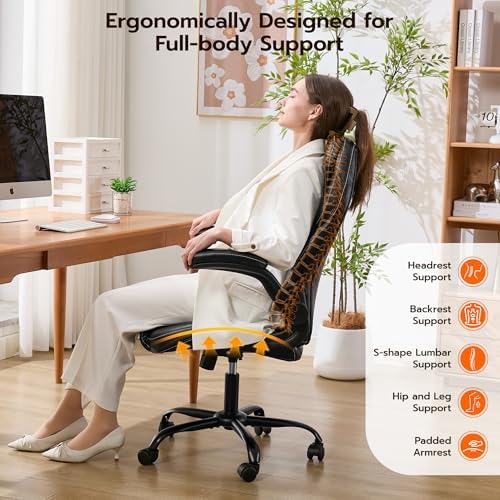 Ylzyxal Office Desk Chair, Ergonomic Computer Chair with Padded Flip-Up Arms and Adjustable Lumbar Support, PU Leather Executive Chair with Tilt Lock and 360° Swivel Rolling Wheels for Work, Study - Image 5