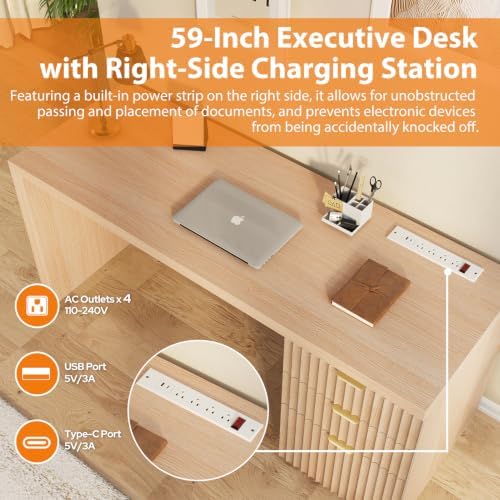 60" Fluted Executive Desk with Ample File Drawer & Large Charging Station, Wood Modern Home Office Desk with Storage, Computer Writing Desk for Work, Living Room, Bedroom, Durable & Sturdy, Natural - Image 4