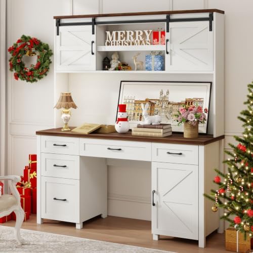 Vabches Farmhouse 67" H Executive Desk with Hutch & 5 Drawers, Unique White - Image 7