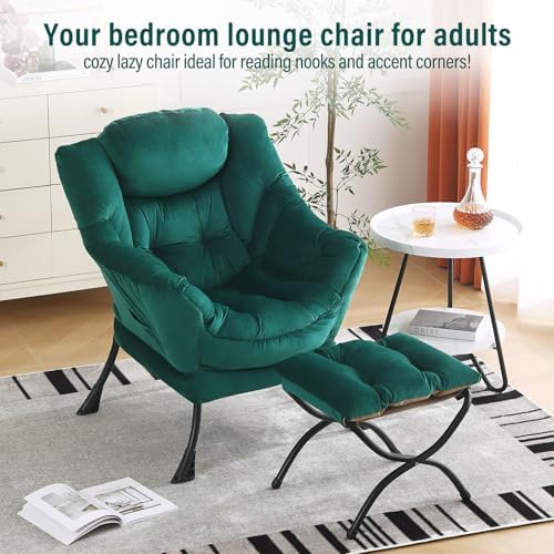 Furlide Lazy Chair with Ottoman, Comfy Velvet Reading Chair for Bedroom，Dark Green - Image 3