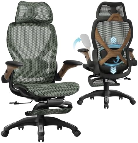 ELABEST X100 Ergonomic Mesh Office Chair with Footrest, Big and Tall Home Desk Chair with 5D Flip-Up Arms, Adjustable 3D Lumbar Support, Gaming & Executive Computer Chair by ELABEST