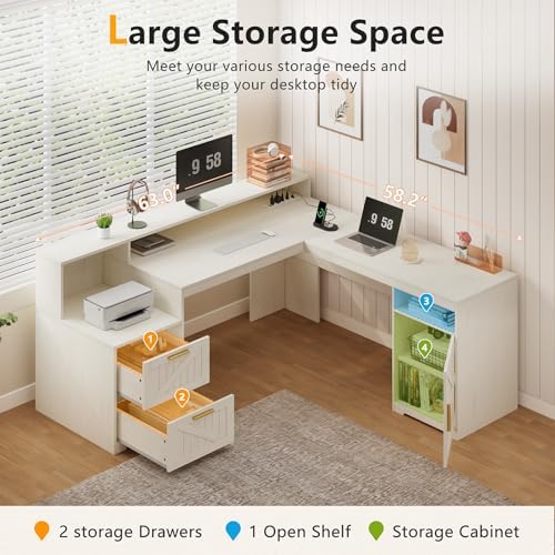 63" Farmhouse L Shaped Desk with Drawers & Printer Shelf for Home Office - Image 4