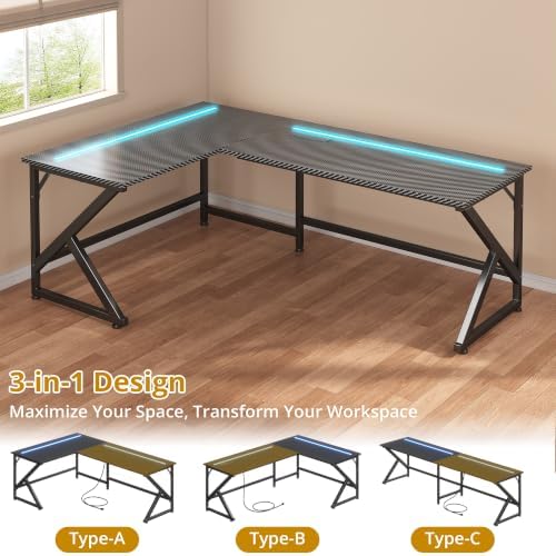 39.4'' L Shaped Gaming Desk with LED Lights & Power Outlets, Black Desk - Image 6