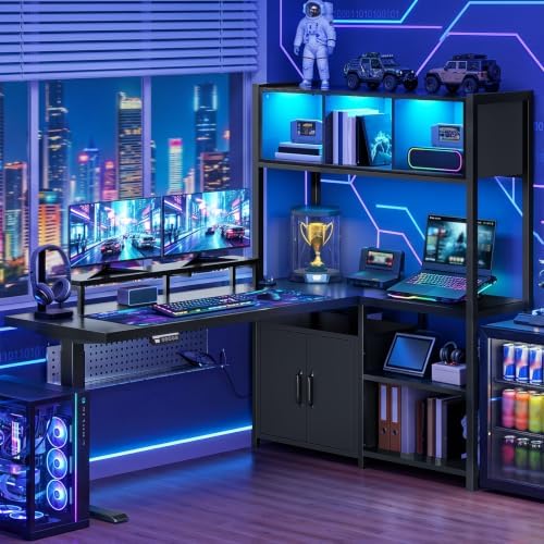 RALGEND 55'' L Shaped Standing Gaming Desk, LED Sit Stand Desk with Storage by RALGEND