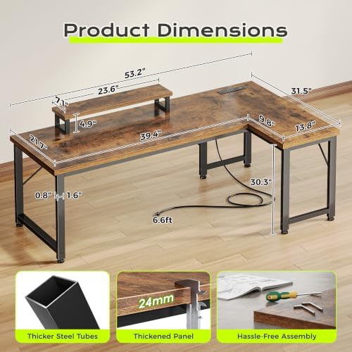 PRAISUN 53" L Shaped Computer Desk, Outlets, Monitor Stand, Rustic Brown - Image 3