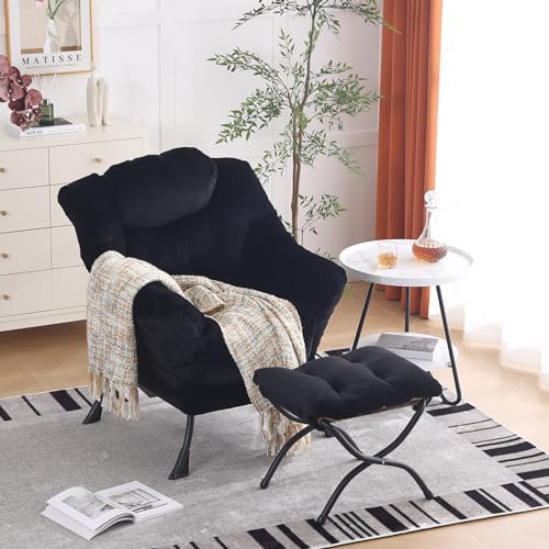 Furlide Lazy Chair with Ottoman, Comfy Plush Reading Chair for Bedroom，Black by Furlide
